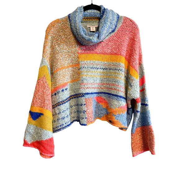 Sincerely Jules Boho Multicolor Patchwork Knit Cropped Cowl Neck Sweater Size L - Picture 2 of 12